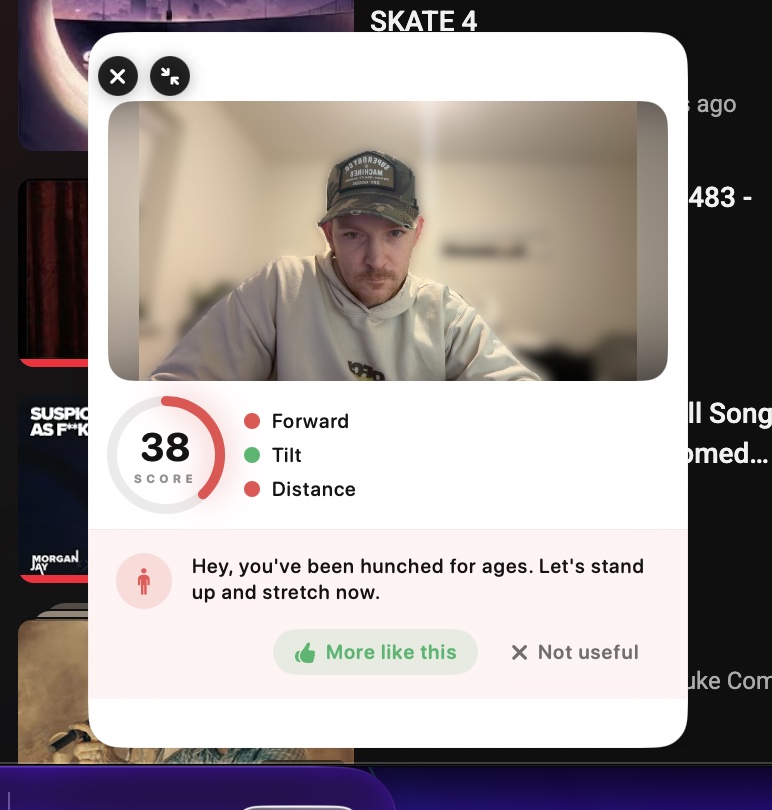 Verta's floating HUD showing a live camera preview, a score of 38, Forward/Tilt/Distance issues, and a coach cue suggesting a stretch break